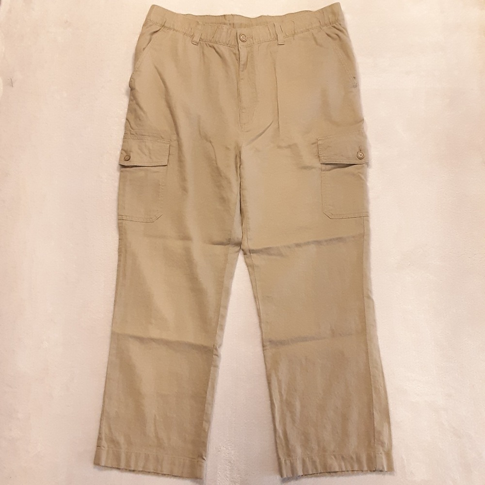 Roundtree & Yorke Mens Linen Rayon Cargo Pants 40x30 Khaki Straight Leg